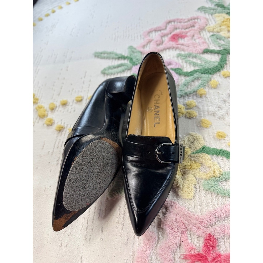 Chanel  vintage Leather Pointed Toe Buckle Loafers Low Block Heel‎ Italy 36 - Picture 5 of 10